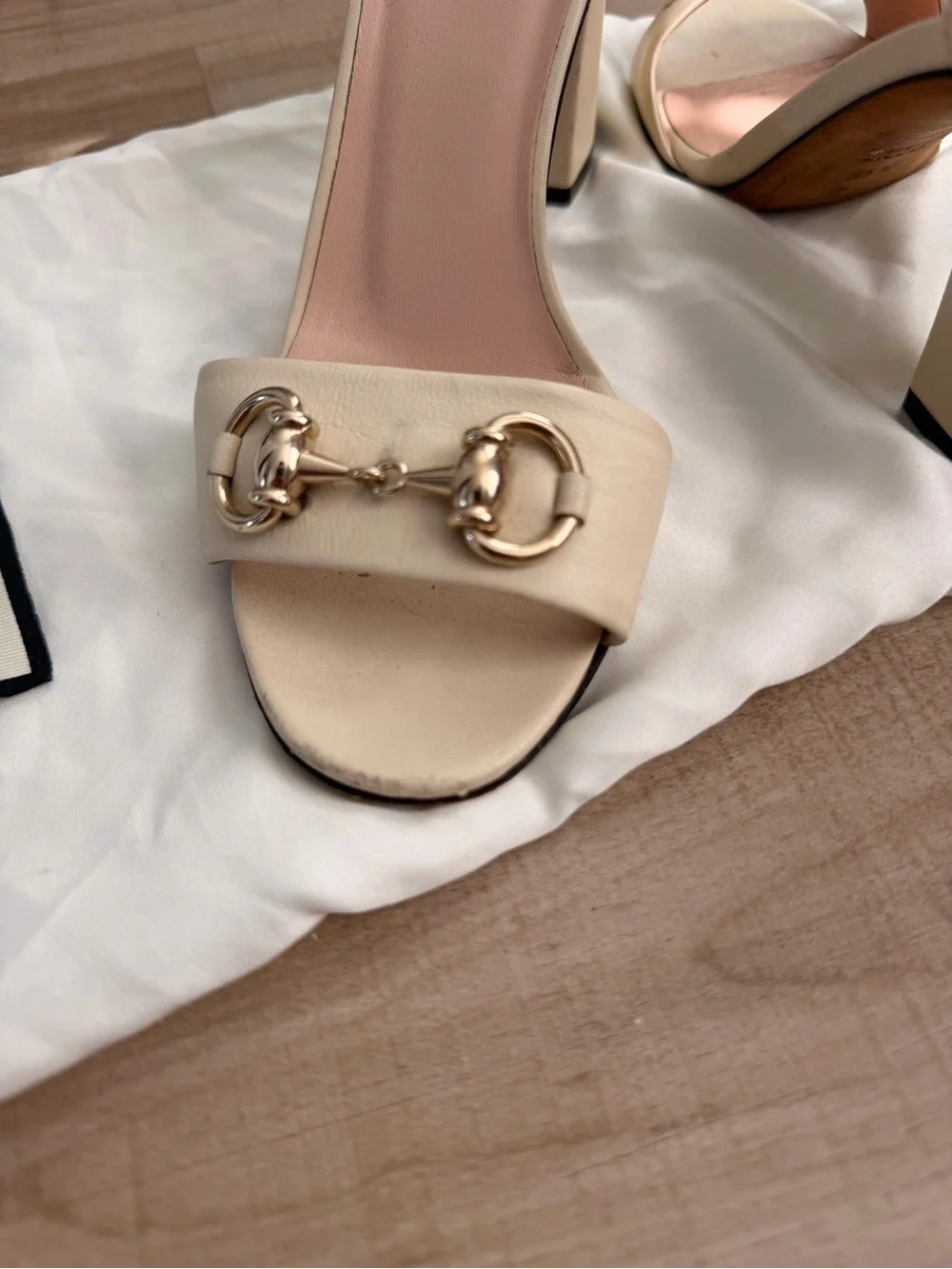 Gucci Cream Leather Horsebit Ankle-Strap Heels